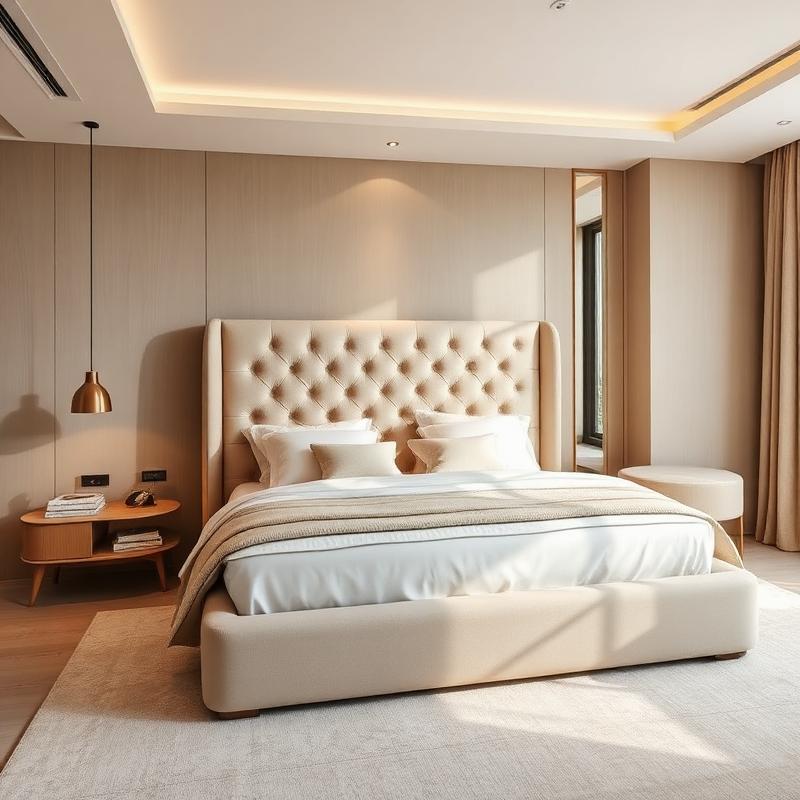 Beige upholstered bed in modern bedroom
